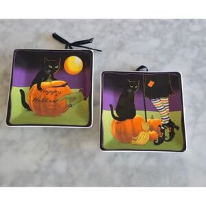 Manual Halloween Ceramic Black Cat Witch Pumpkin Square Plate Set of 2